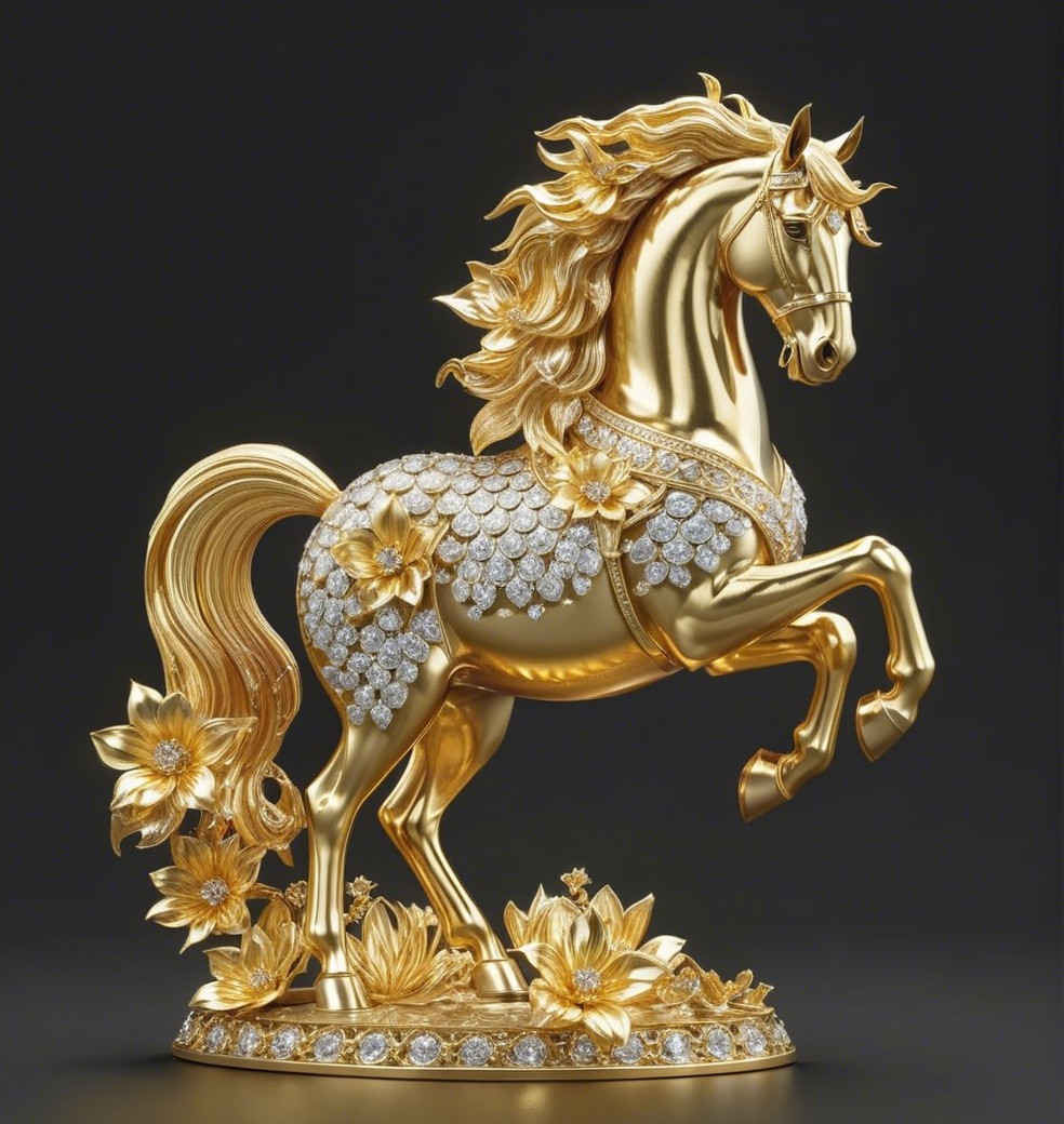 Golden horse sculpture with intricate patterns and diamonds