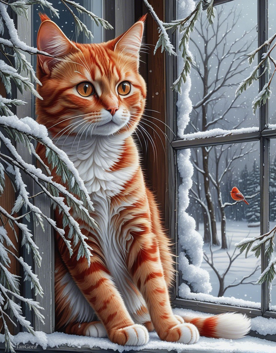 Orange Tabby Cat on Windowsill in Winter Scene