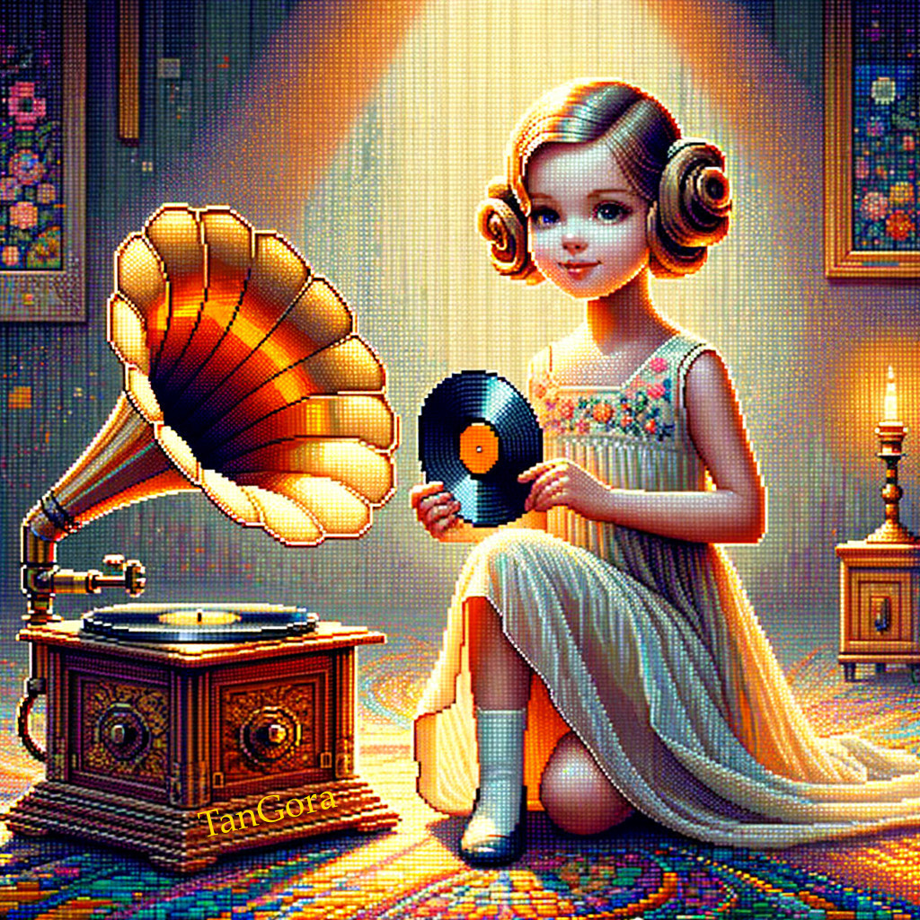 Stylized Illustration of Girl with Vinyl Record and Gramophone