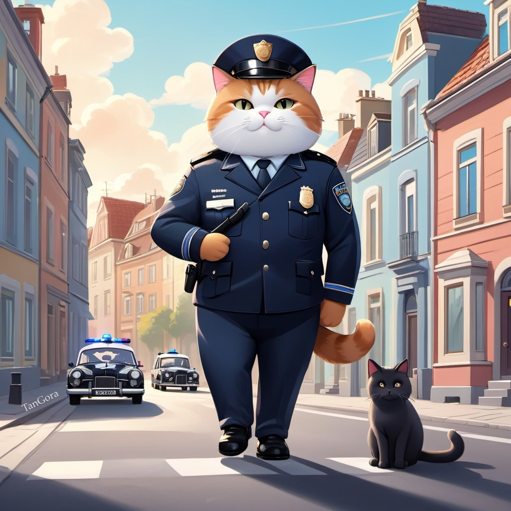 Cartoon Scene of Cat Police Officer in Quaint Street
