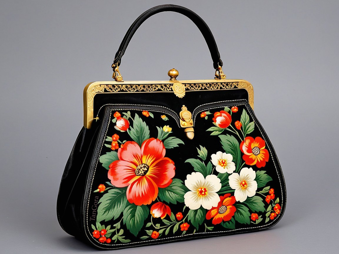Elegant Black Handbag with Floral Patterns and Gold Clasp