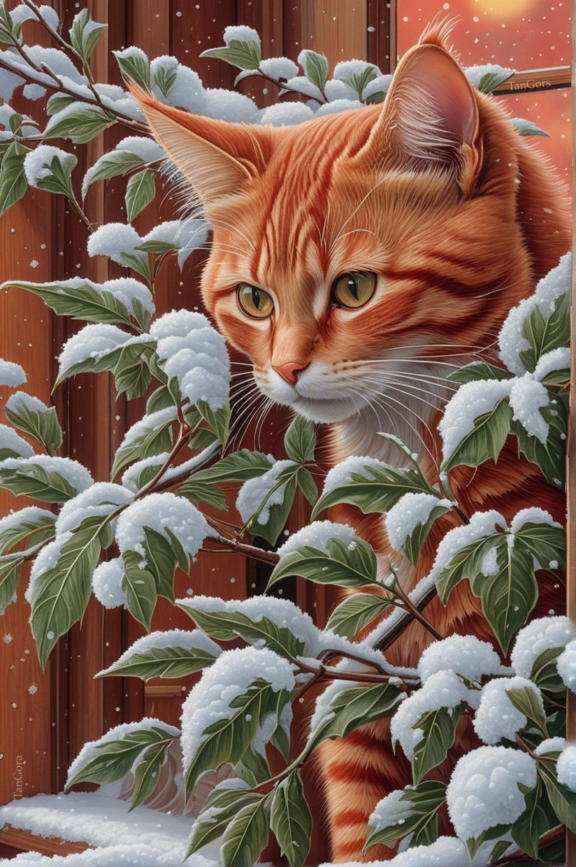 Orange Tabby Cat in Snowy Winter Landscape