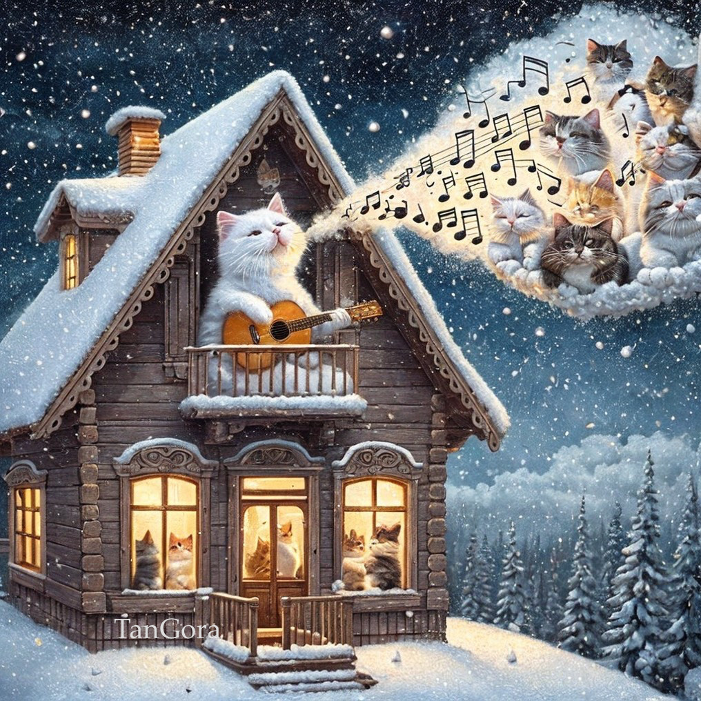 Animated Cats at Musical Performance on Snowy Night