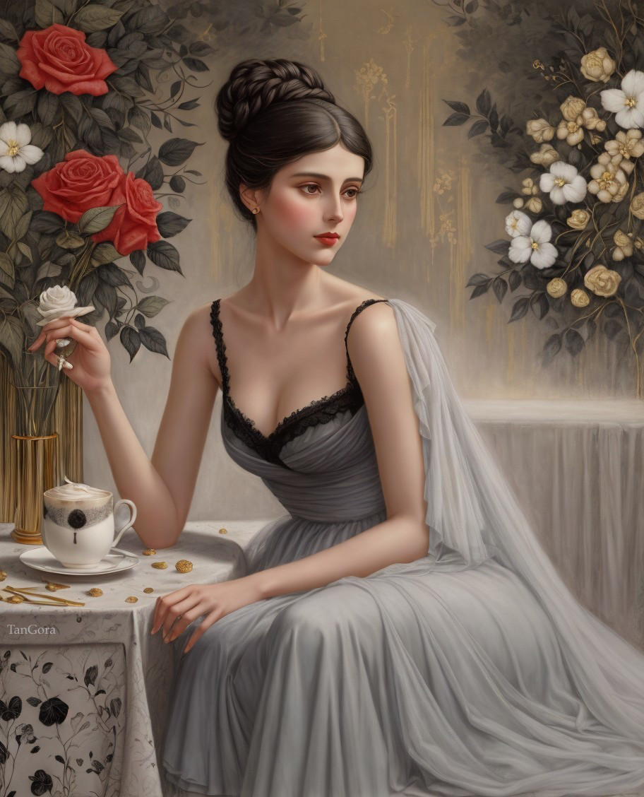 Young woman in gray gown at a rose-adorned table