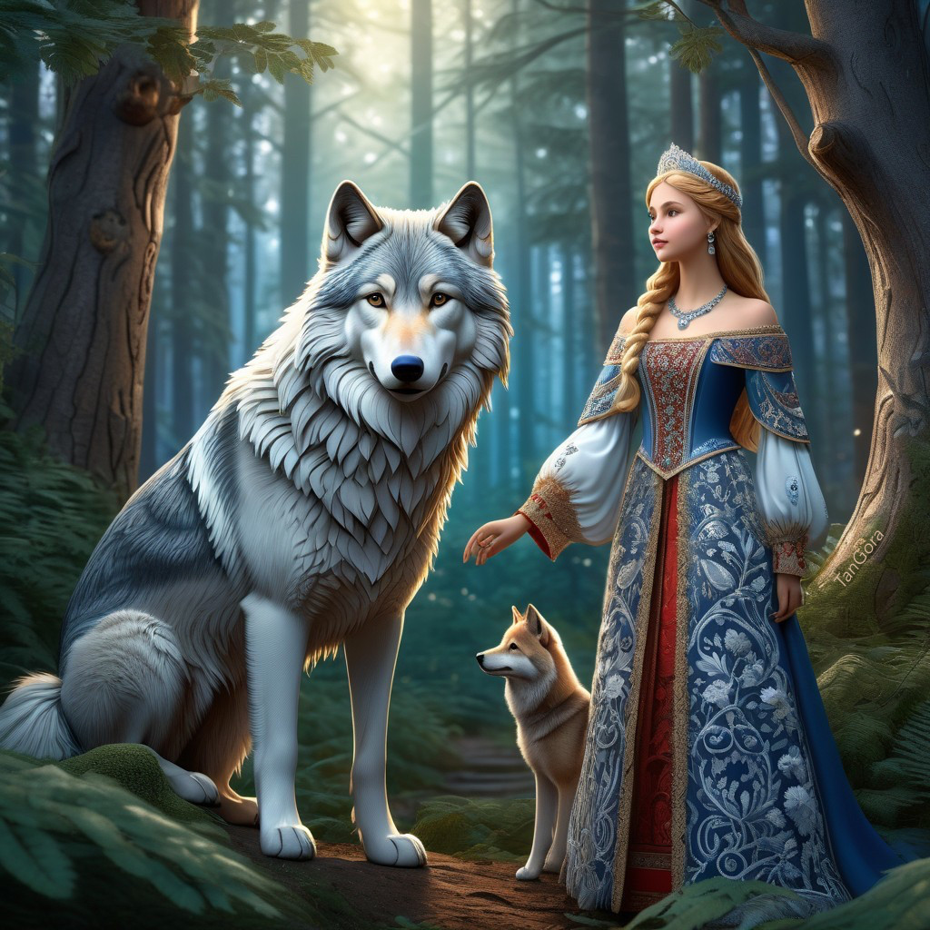 Regal Woman with Wolves in Enchanted Forest Setting