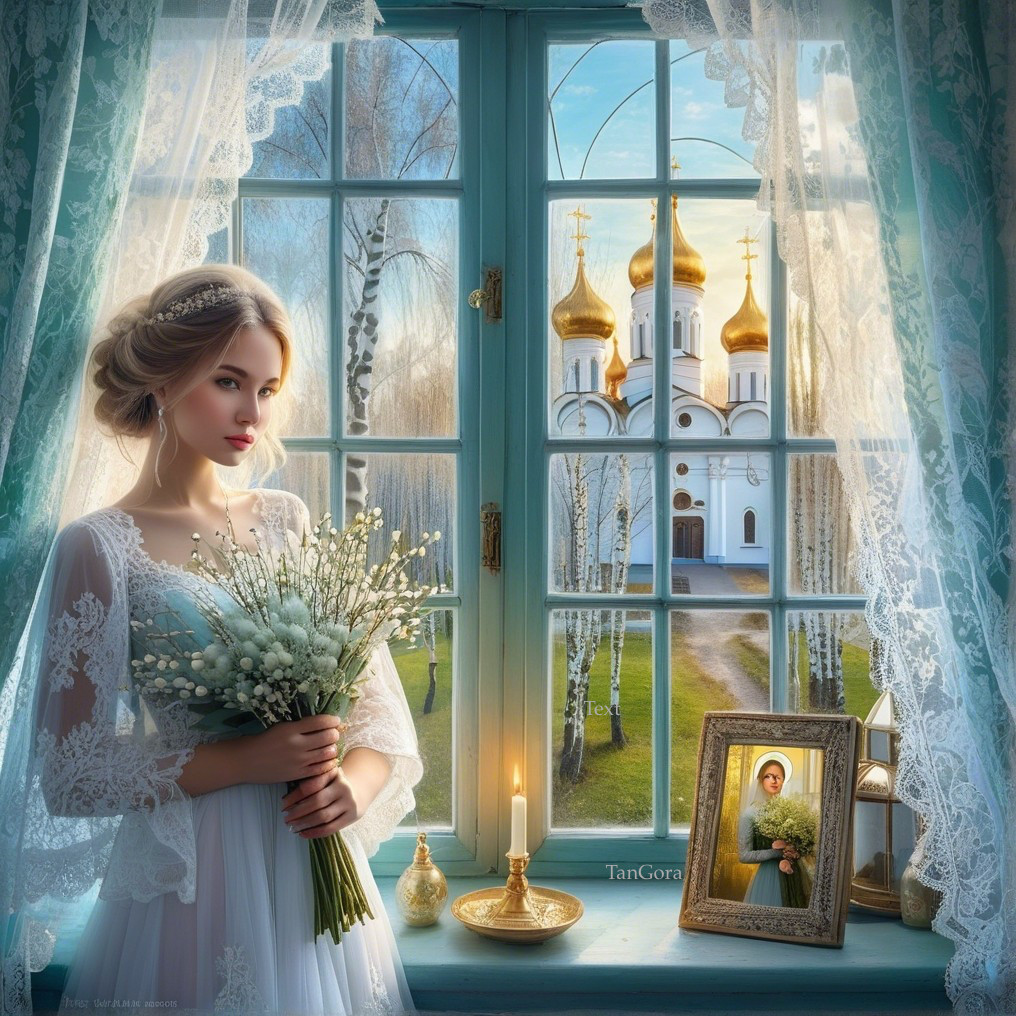 Bride in Lace-Trimmed Window with Scenic View