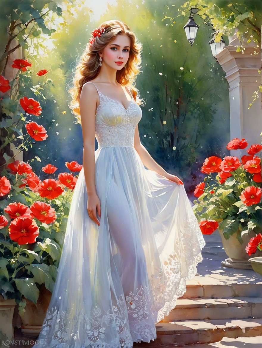 Young woman in ethereal gown in lush garden setting