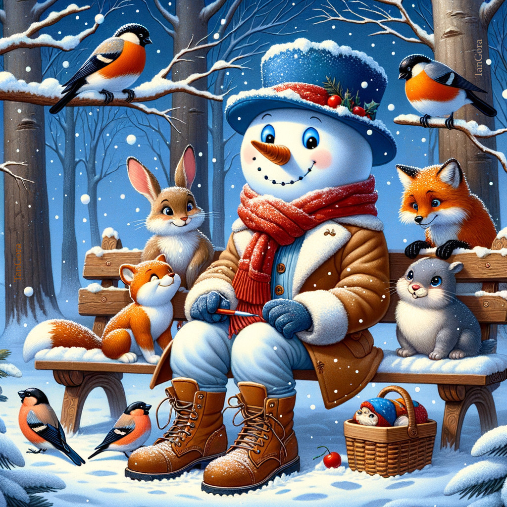 Cheerful snowman with woodland creatures in snowy forest