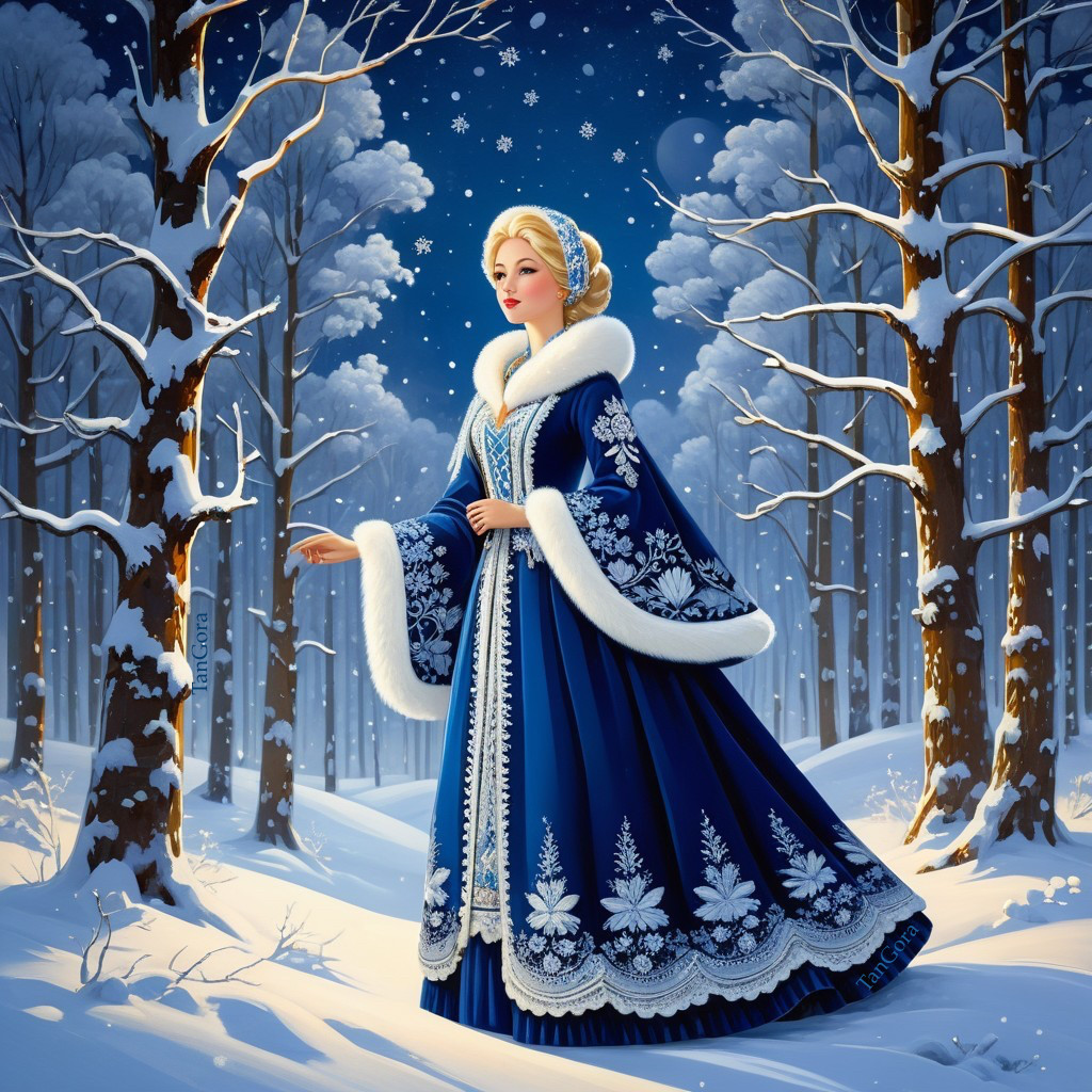 Elegant Figure in Snowy Forest with Starry Sky