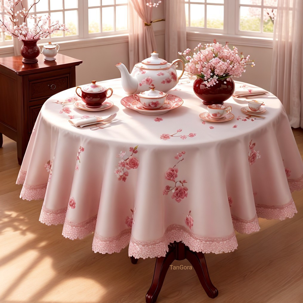 Elegant Tea Setting on Floral Tablecloth with Blossoms