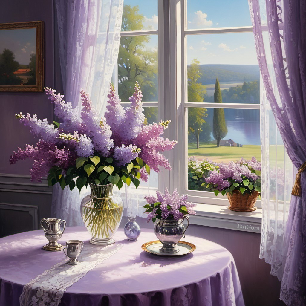 Serene Interior with Lilac Bouquets and Teapot