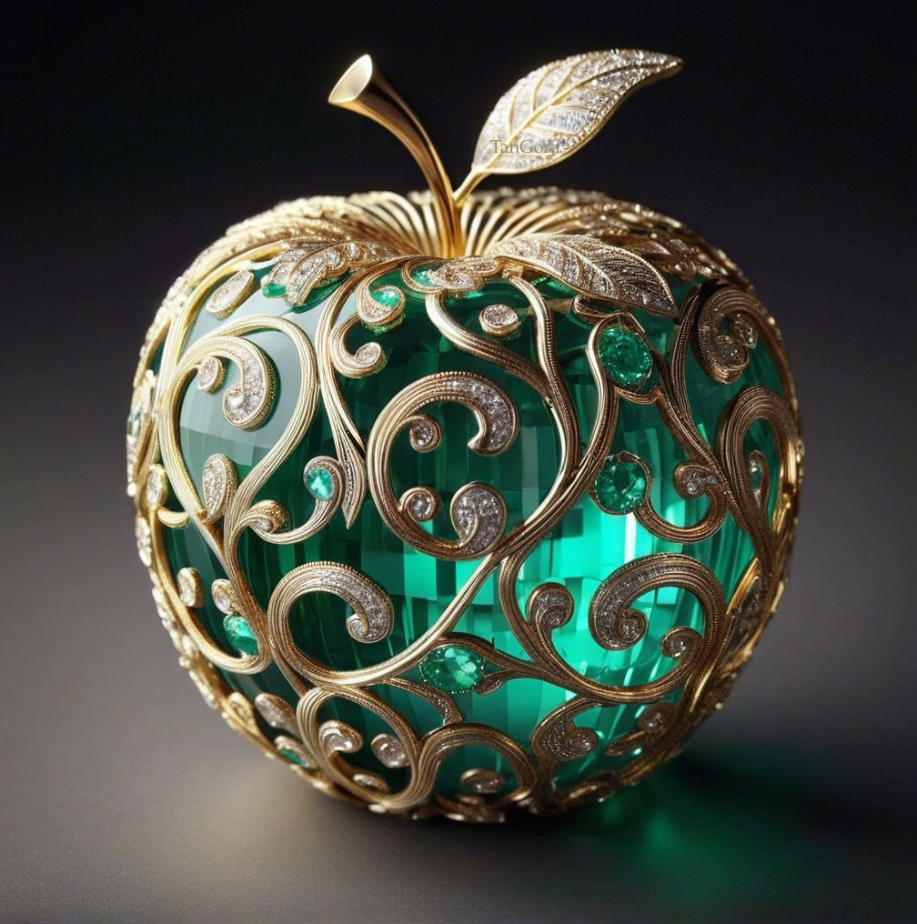 Luxurious Emerald Apple Ornament with Gold Filigree