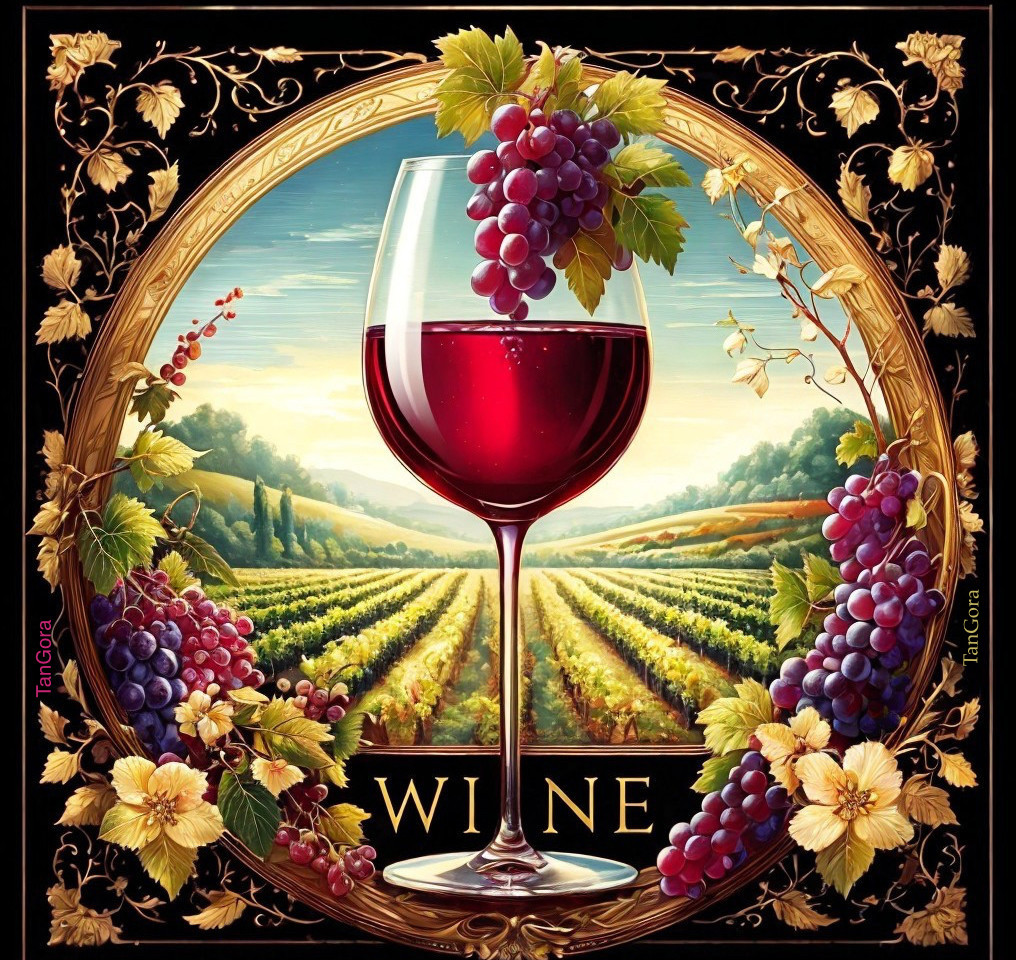 Detailed graphic: Wine glass, vineyard backdrop, grapes, leaves in golden frame