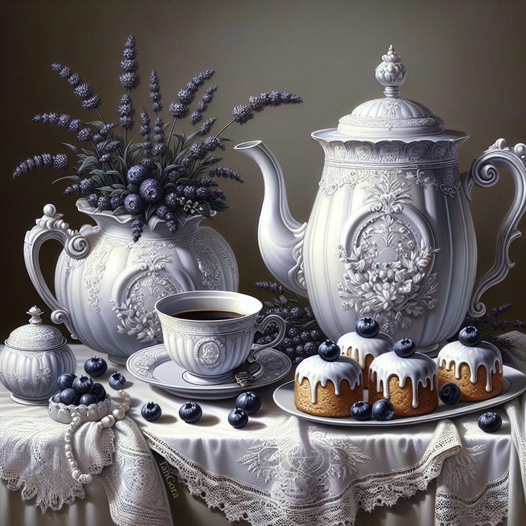 Vintage Tea Set with Porcelain Teapot and Cakes