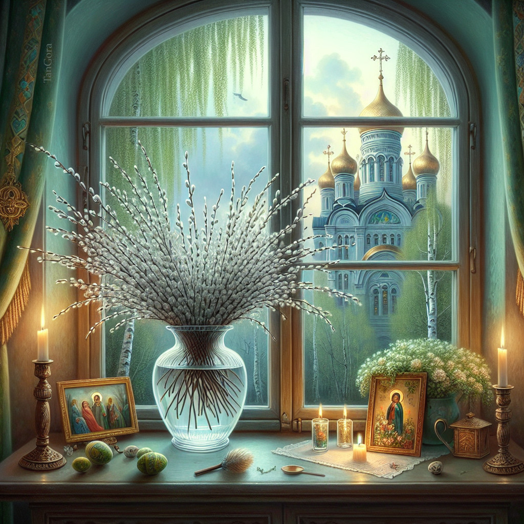 Serene Interior with Willow Branches and Church View