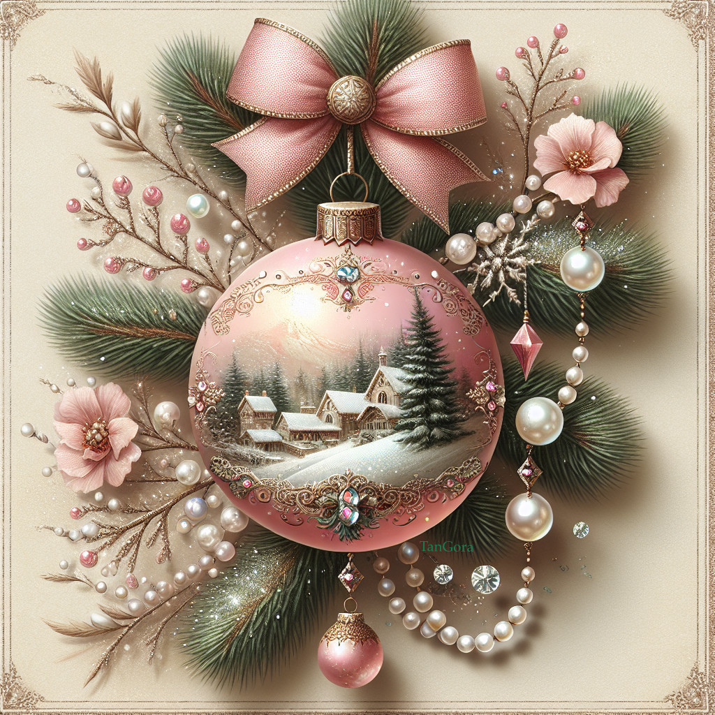 Ornate Pink Christmas Ornament with Winter Scene