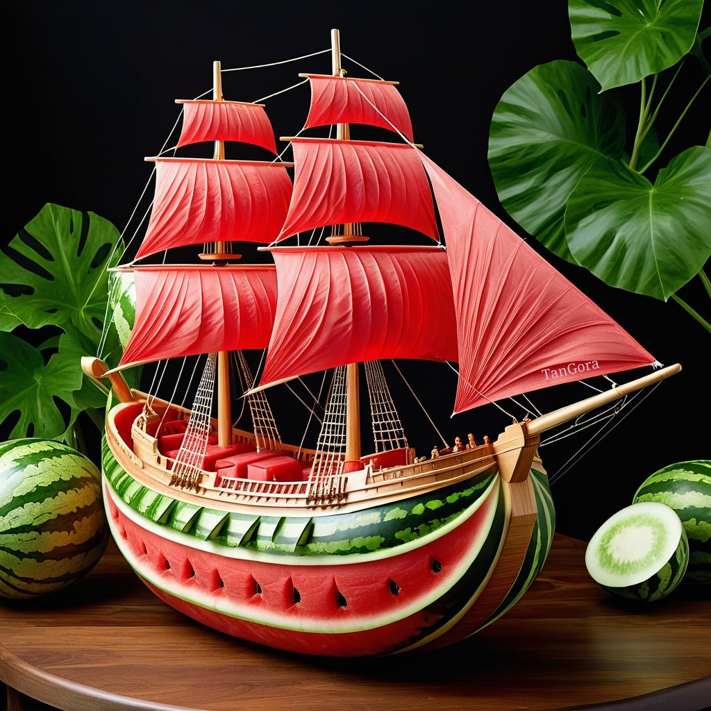 Watermelon Sailing Ship Model with Bright Red Sails