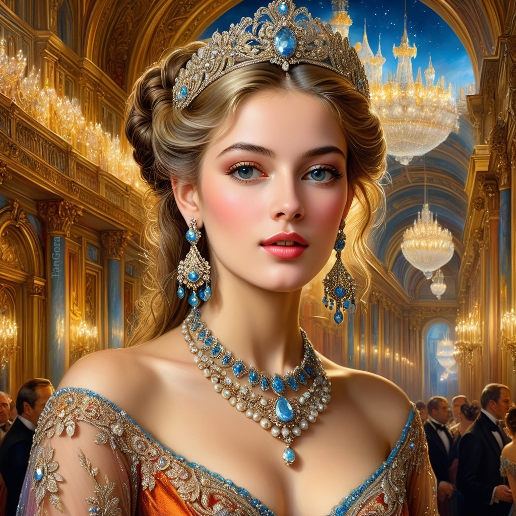 Elegant Young Woman in Orange Gown at Lavish Ballroom