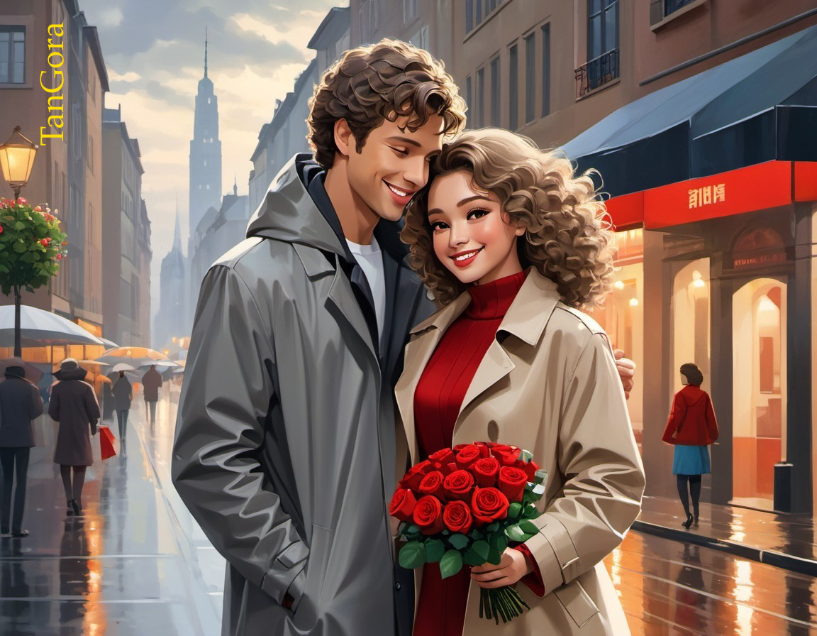 Couple Embraces in Rainy Charming Street Setting