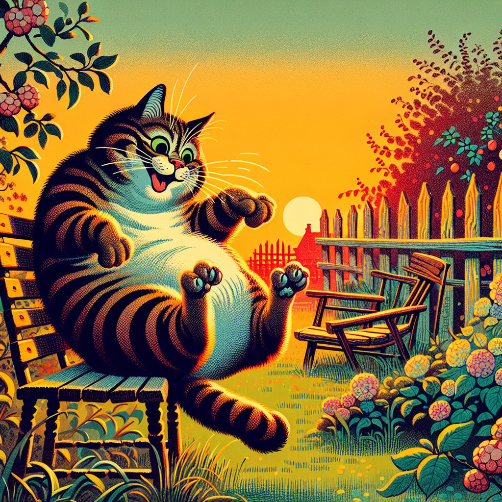 Plump Tabby Cat Relaxing in Vibrant Garden at Sunset