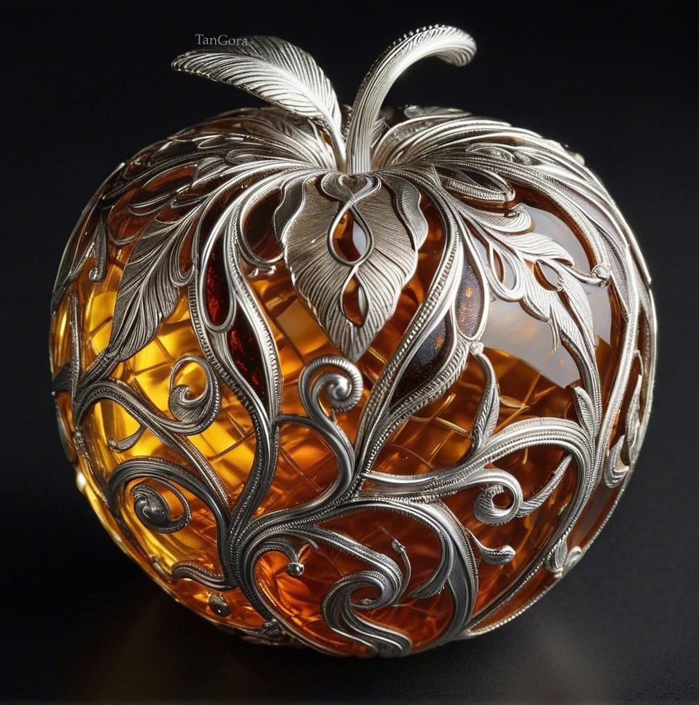 Ornamental Apple with Silver Filigree and Amber Glass