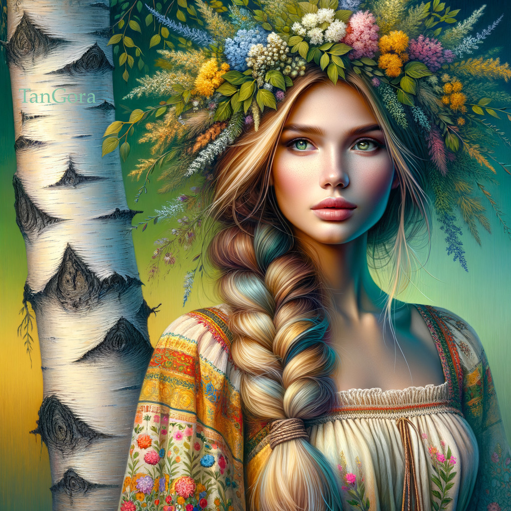 Young Woman in Floral Crown by Birch Tree
