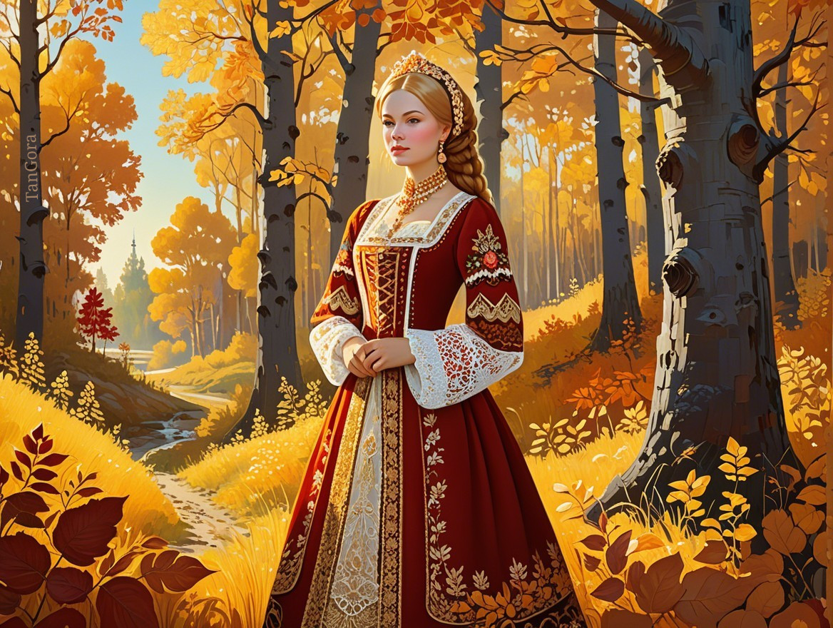 Woman in Red Dress in Autumn Forest Setting
