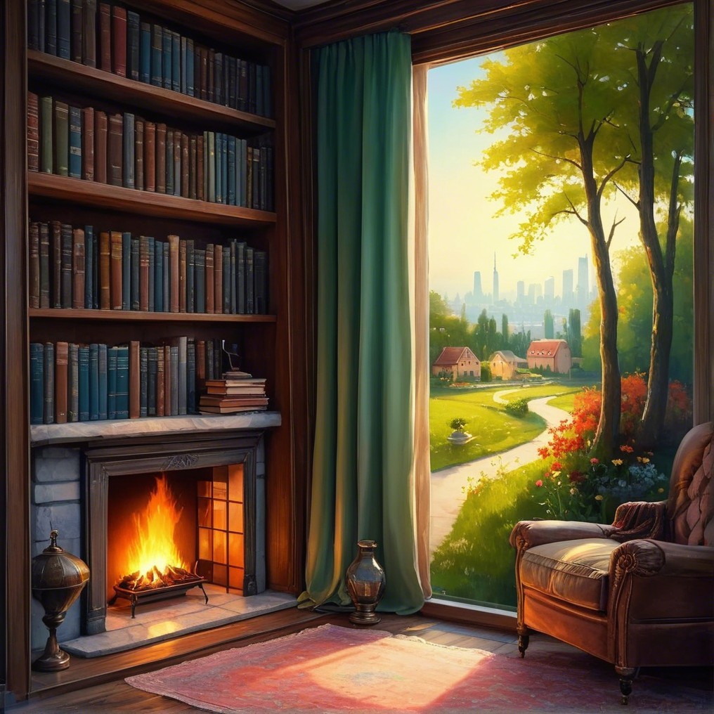 Cozy Room with Bookshelf and Scenic View