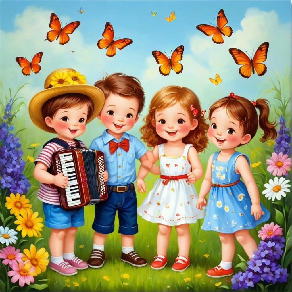 Children Playing in Colorful Meadow with Flowers
