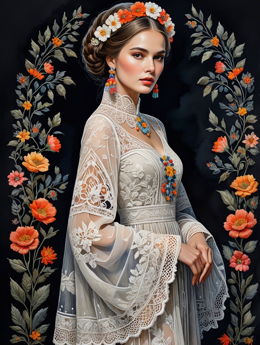 Graceful Woman in White Gown Against Dark Backdrop