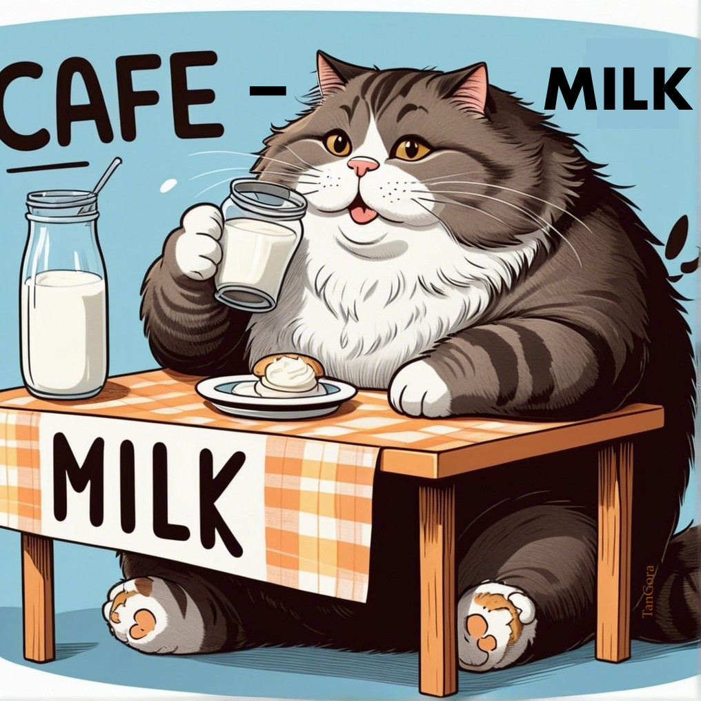 Cheerful Cartoon Cat at Café Table with Milk and Pastry