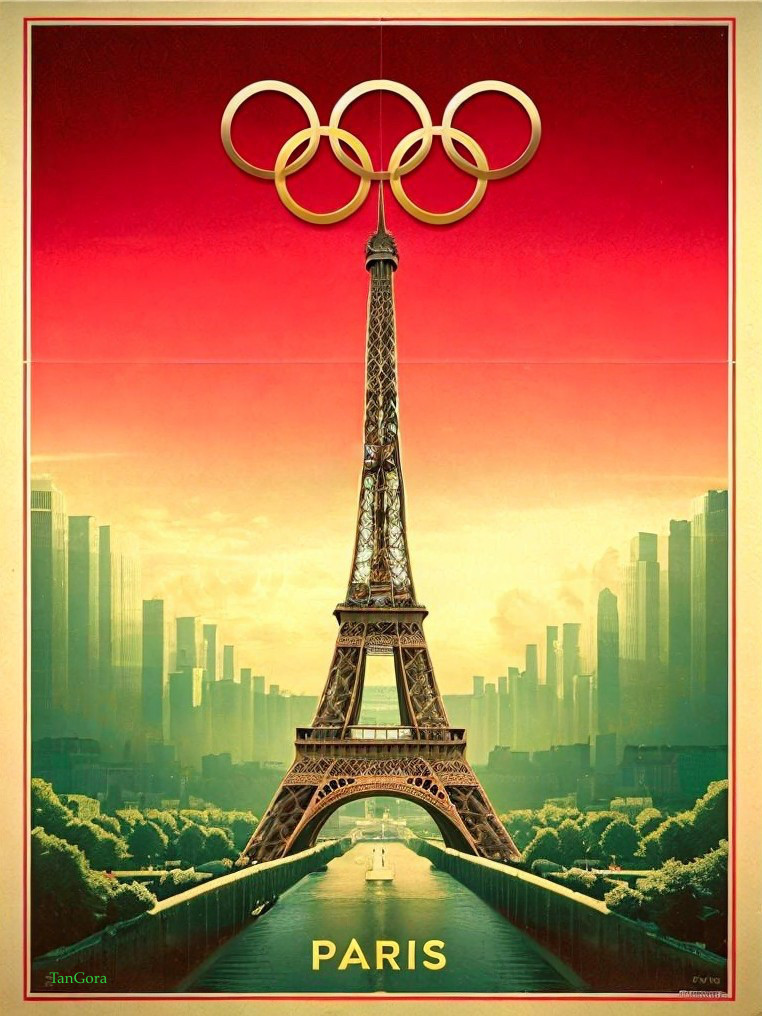 Vibrant Eiffel Tower Artwork with Olympic Rings and Skyscrapers