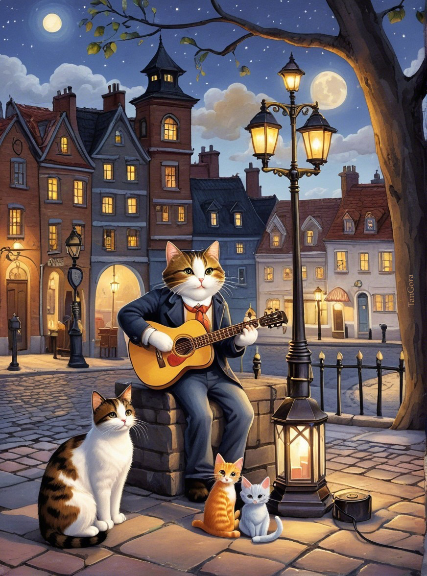 Cat in Suit Playing Guitar in Charming Night Scene