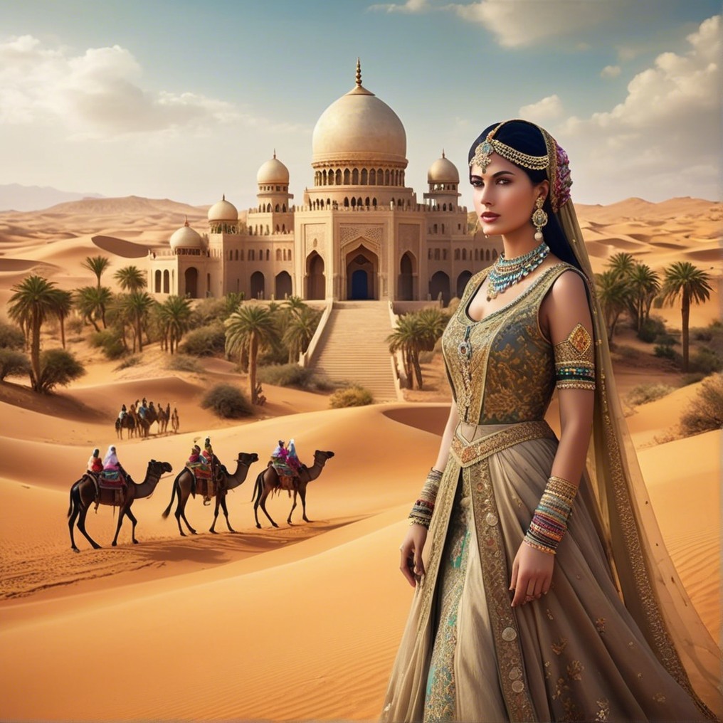 Regal Woman in Golden Desert with Palace and Camels