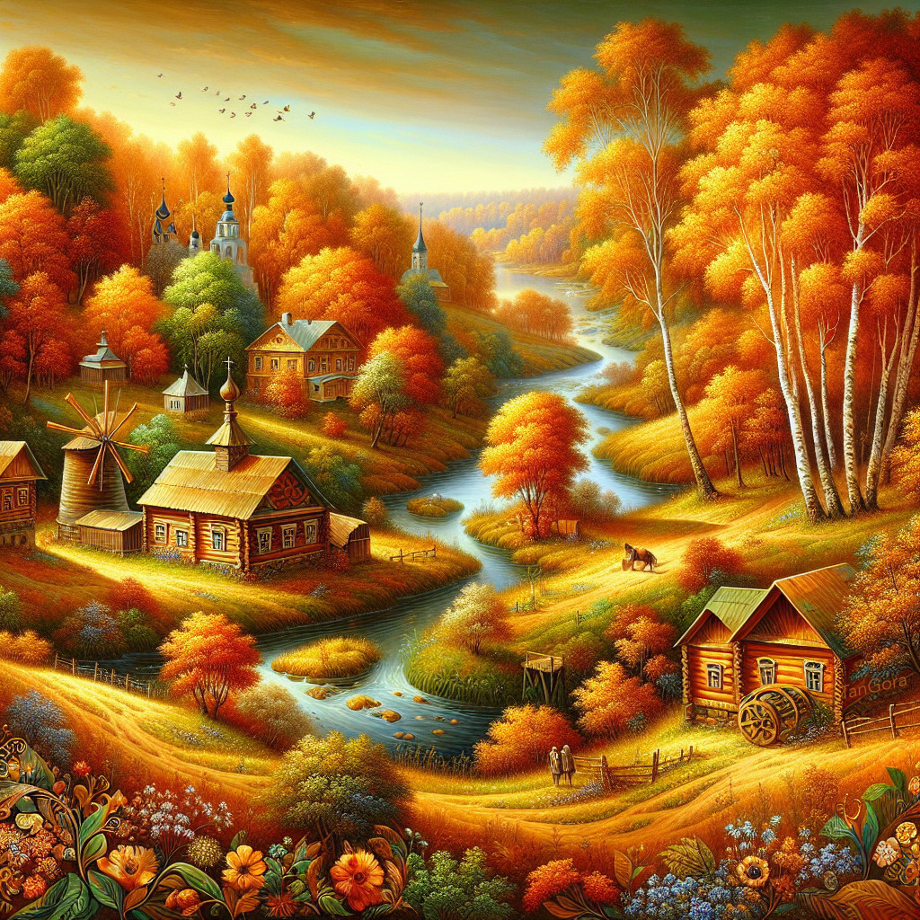 Vibrant Autumn Landscape with Wooden Houses and River
