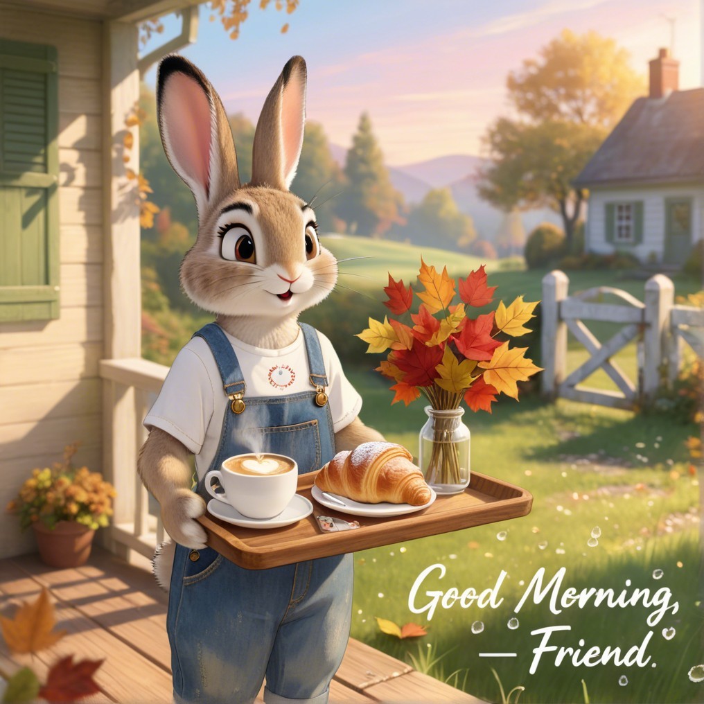 Cheerful Rabbit with Coffee on Cozy Porch Scene