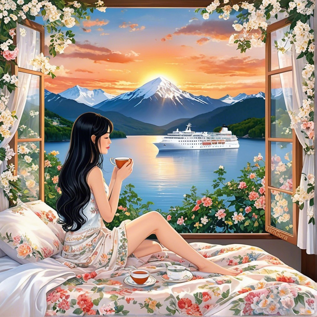 Serene Scene of a Young Woman by a Lake Window