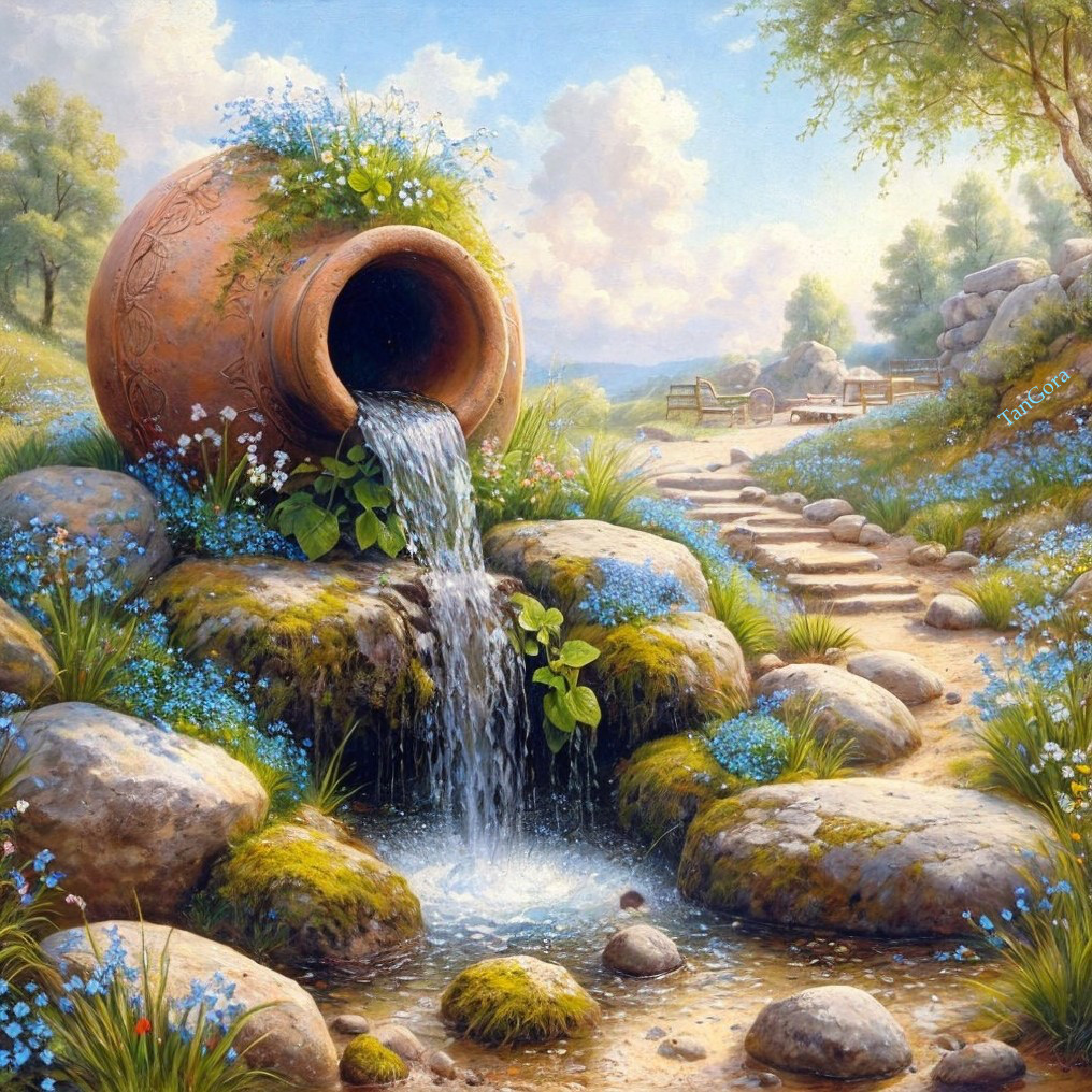 Serene Landscape with Flowing Water and Vibrant Flora