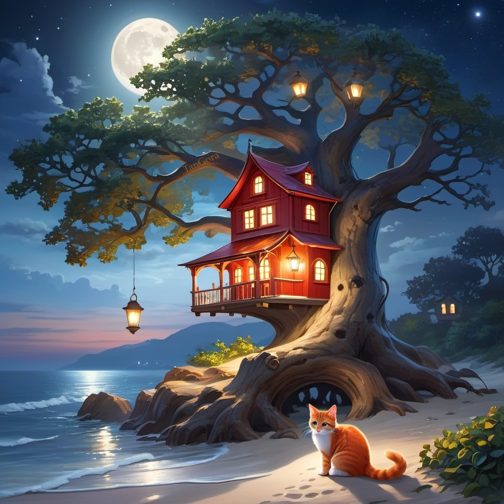 Whimsical Treehouse by the Beach at Night