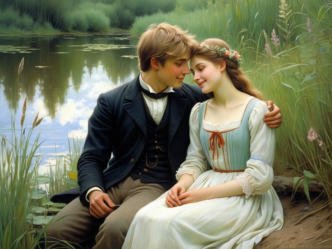 Young Couple by Serene Pond in Lush Greenery