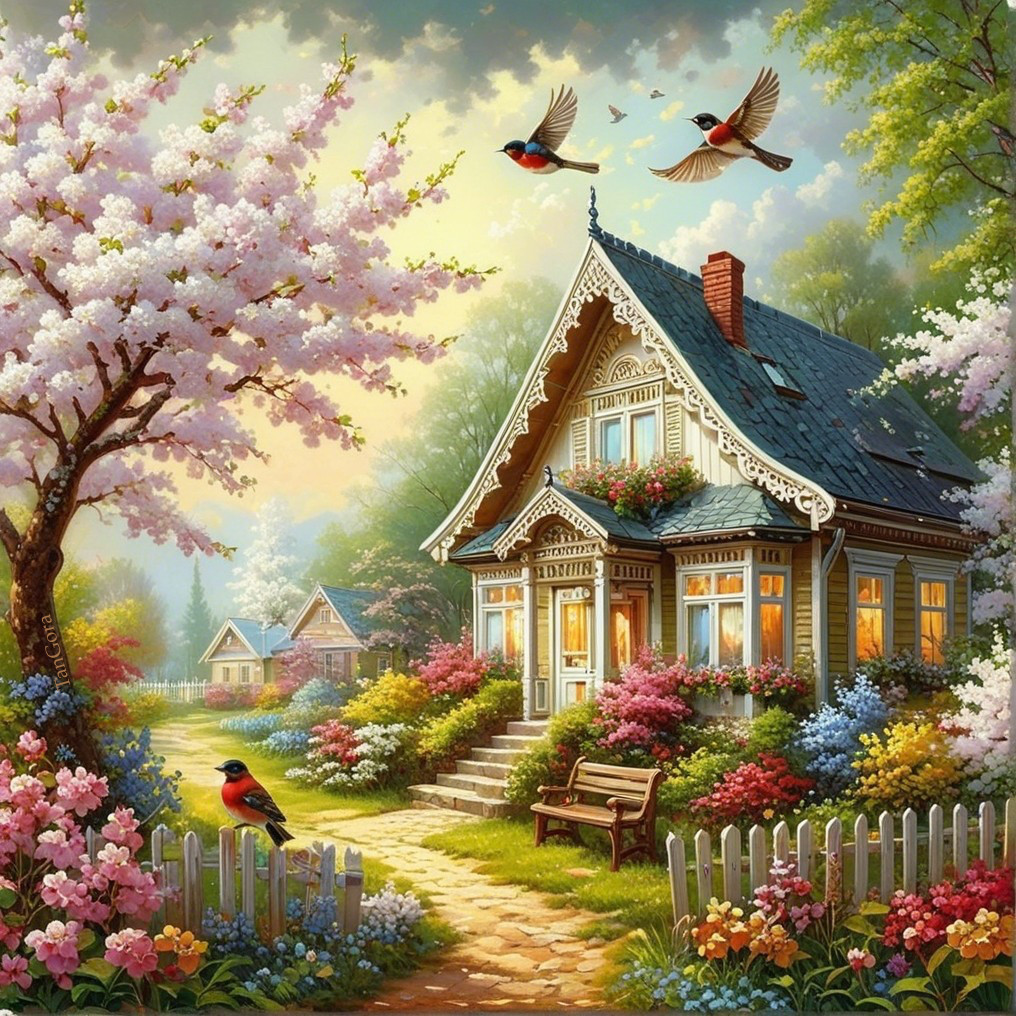 Ornate House with Vibrant Gardens and Cherry Blossoms