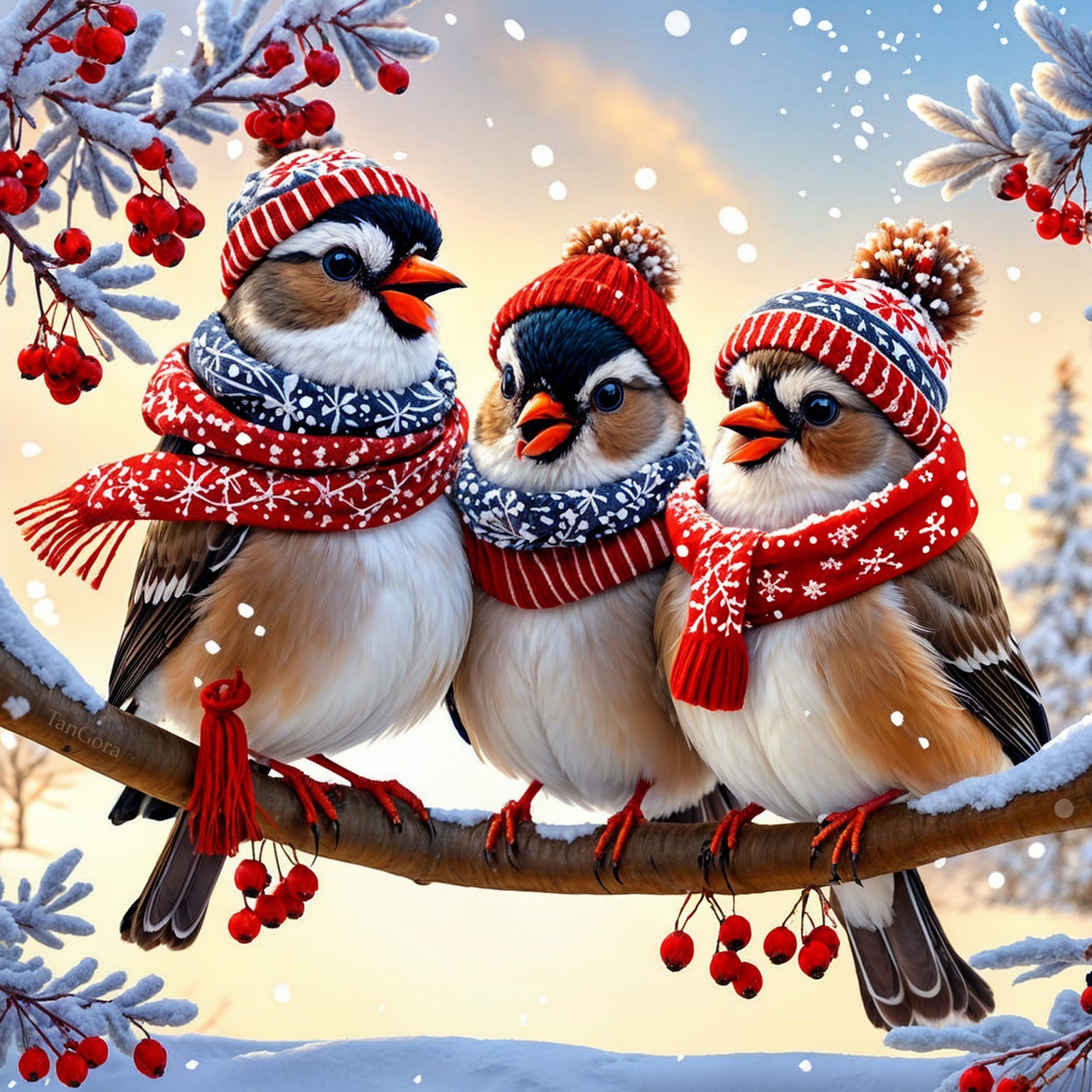 Cheerful birds on snowy branch with festive accessories