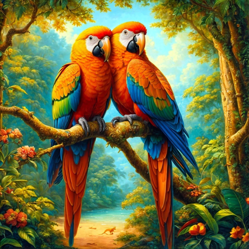 Macaw Parrots in a Tropical Jungle Setting