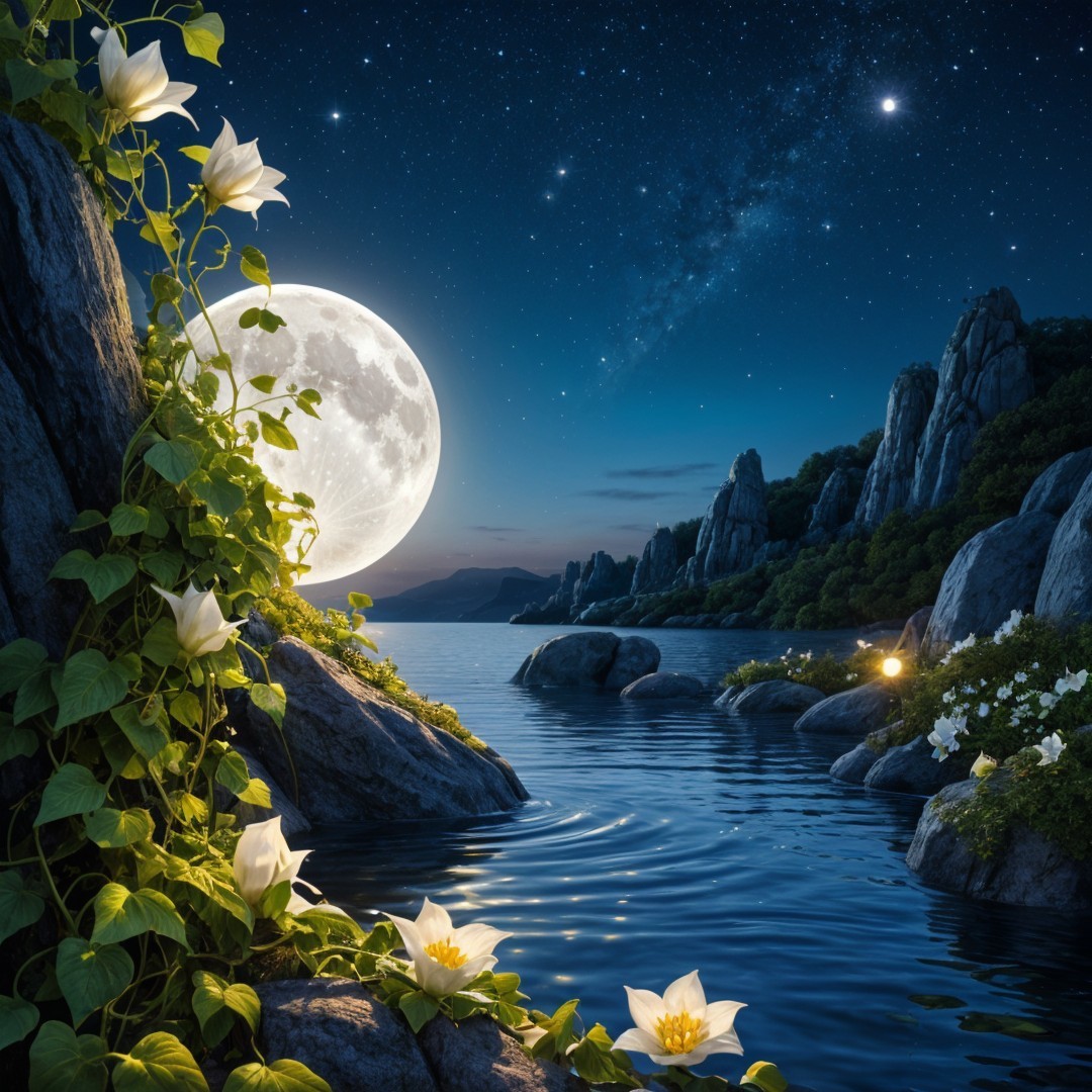 Serene Nightscape with Moonlit Lake and Flowers