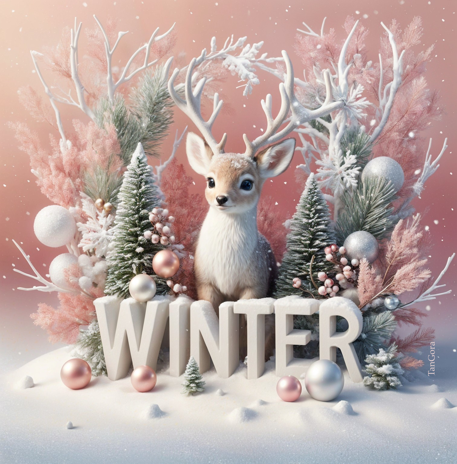 Whimsical Winter Scene with Fawn and Evergreen Trees