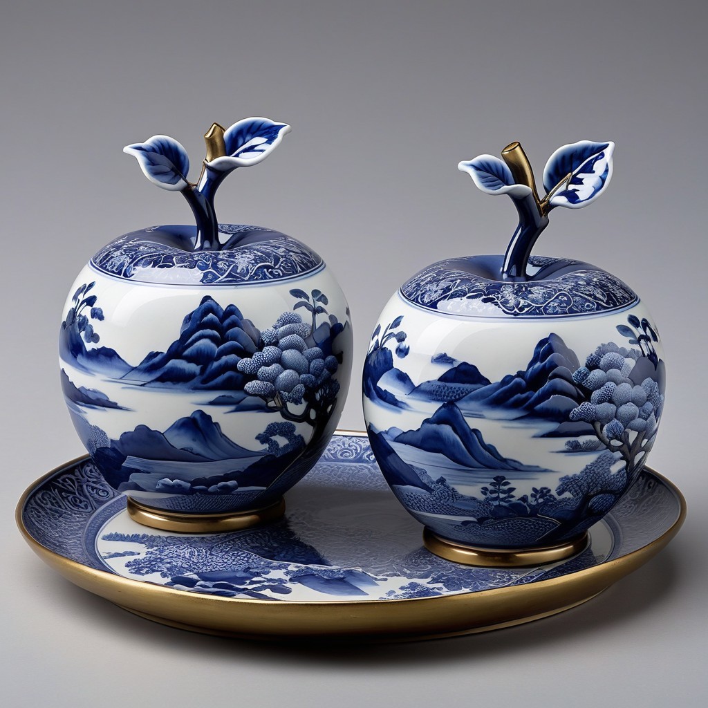 Elegant Porcelain Apples on Decorative Platter