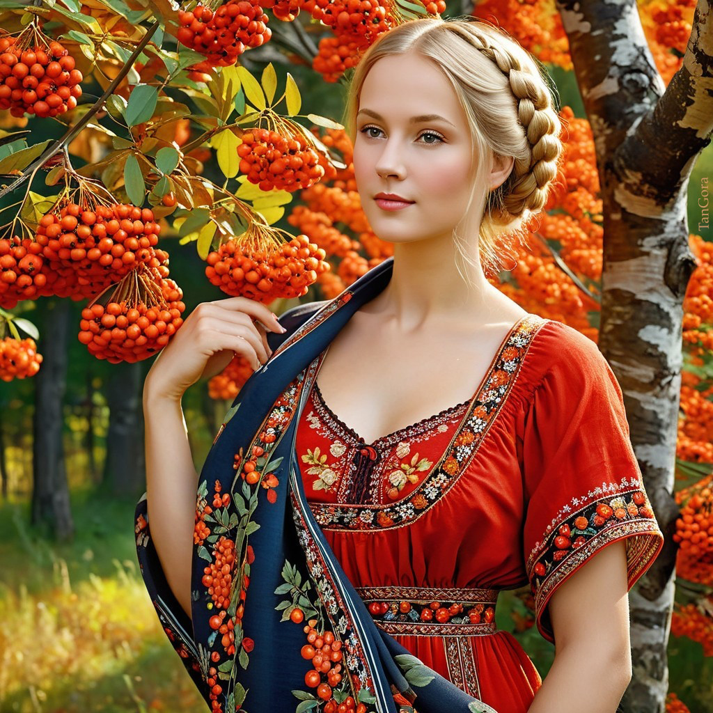 Young Woman in Red Dress Among Orange Rowan Berries
