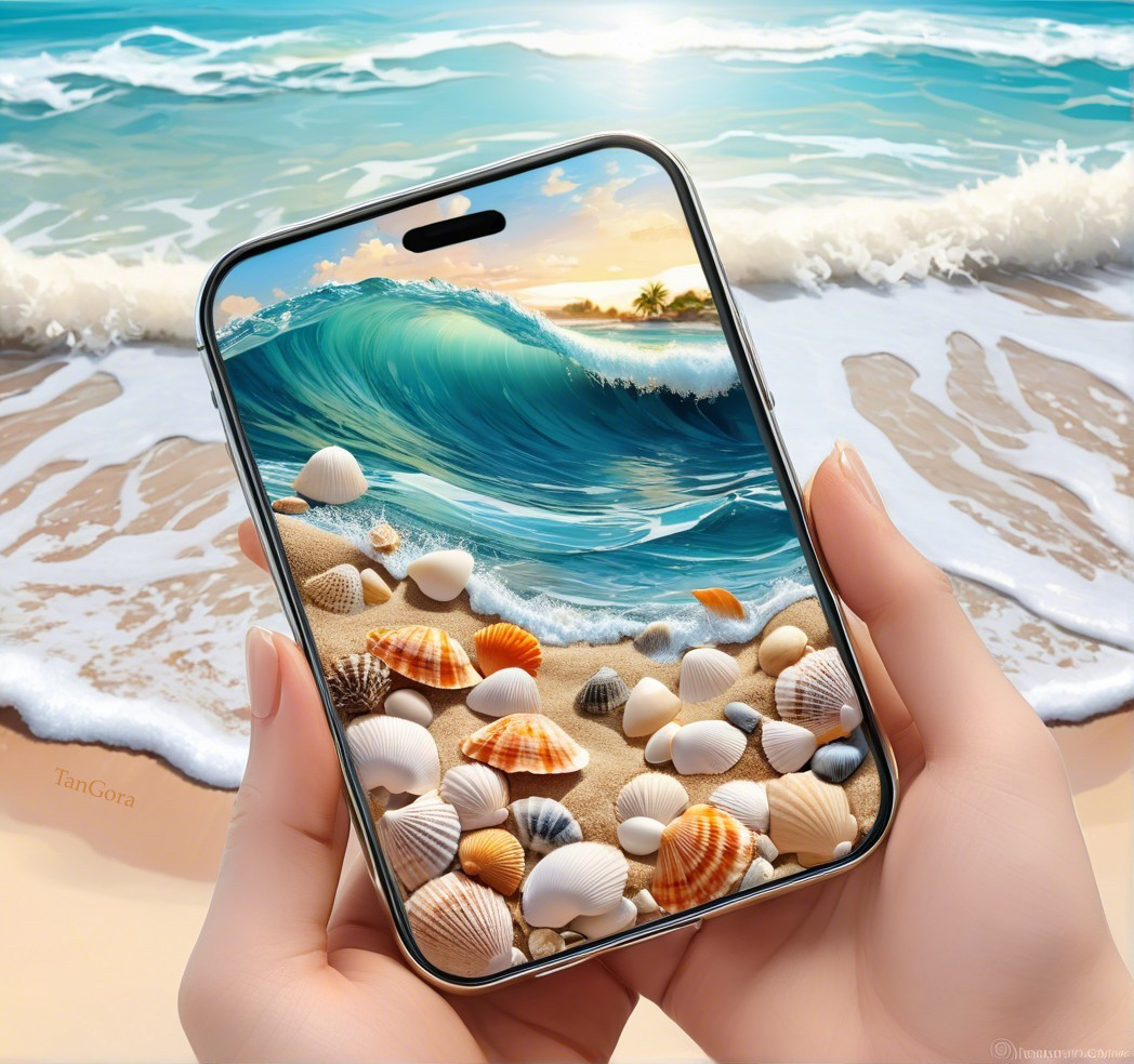 Smartphone Displaying Beach Scene with Sunset and Waves