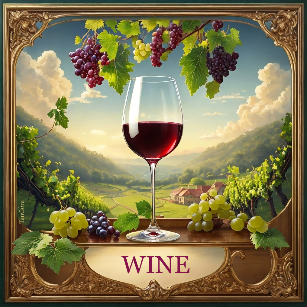 Red Wine Glass and Grapes in Vineyard Landscape with Golden Frame