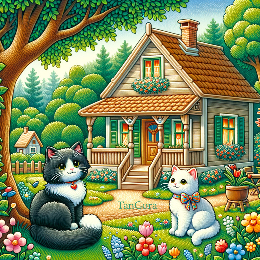 Two Cats in Countryside Cottage Setting with Greenery and Flowers
